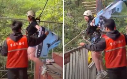 Tragedia en China: se rompió la cuerda de seguridad de una atracción extrema y una turista cayó al vacío