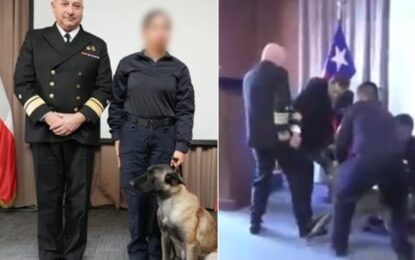 Insólito momento en una ceremonia naval en Chile: un perro antidrogas se abalanzó sobre el bolsillo de un vicealmirante