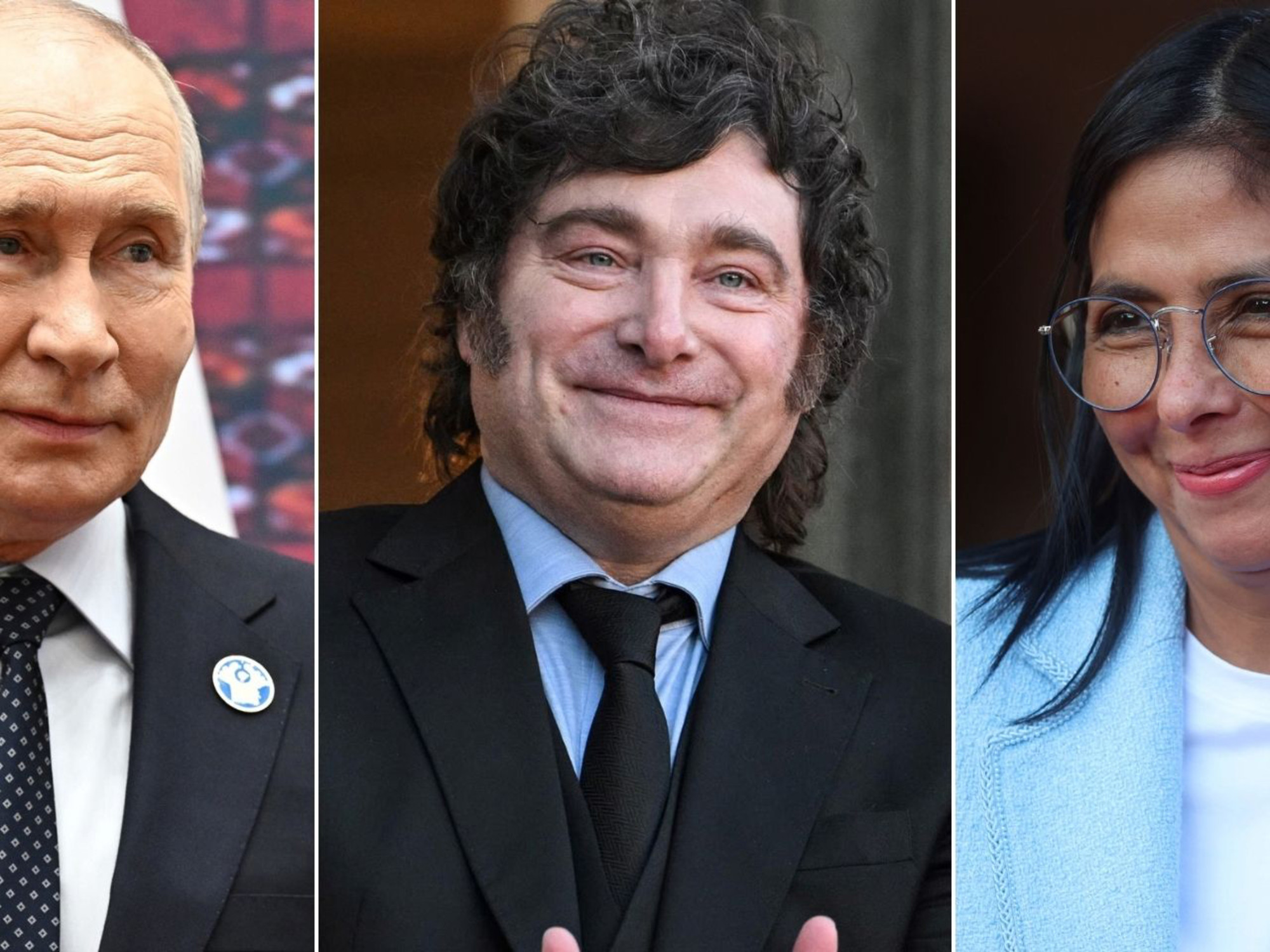 Los presidentes Vladimir Putin (Rusia), Javier Milei (Argentina) y Delcy Rodríguez (Venezuela)